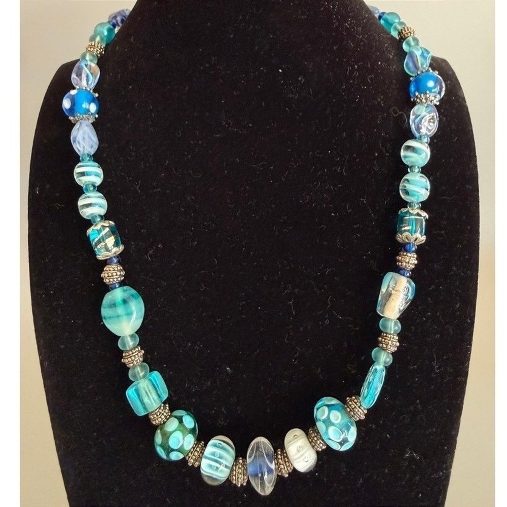 Blue Art Glass Bead Necklace 18" Silver Tone Spacers Teal Aqua Swirls Dots